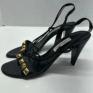 Sebastian Milano High Heels Open Toe Leather Ankle Strap Gold Studded Black 38.5